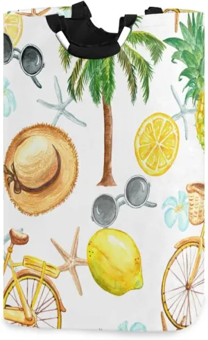 Oyihfvs Summer Bicycle, Sunglasses, Palm Trees, Lemons, Pineapple, Straw Laundry Hamper Basket Bucket, Foldable Dirty Clothes Bag, Waterproof Fabric Washing Bin, Toy Storage with Handles for Bathroom