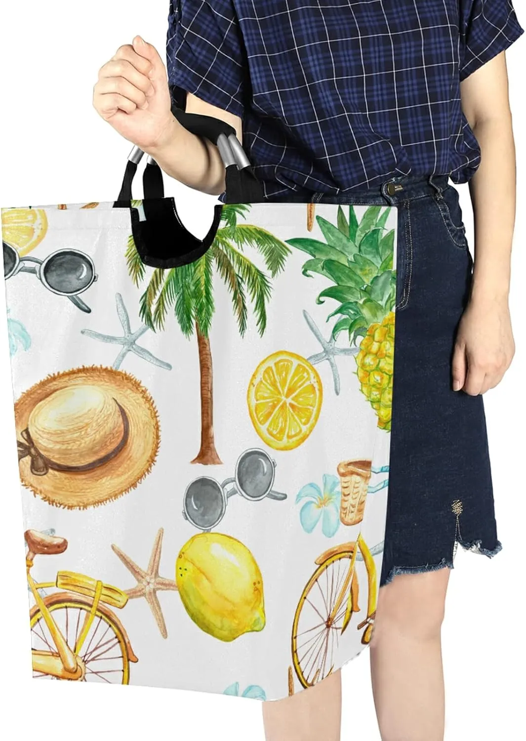 Oyihfvs Summer Bicycle, Sunglasses, Palm Trees, Lemons, Pineapple, Straw Laundry Hamper Basket Bucket, Foldable Dirty Clothes Bag, Waterproof Fabric Washing Bin, Toy Storage with Handles for Bathroom