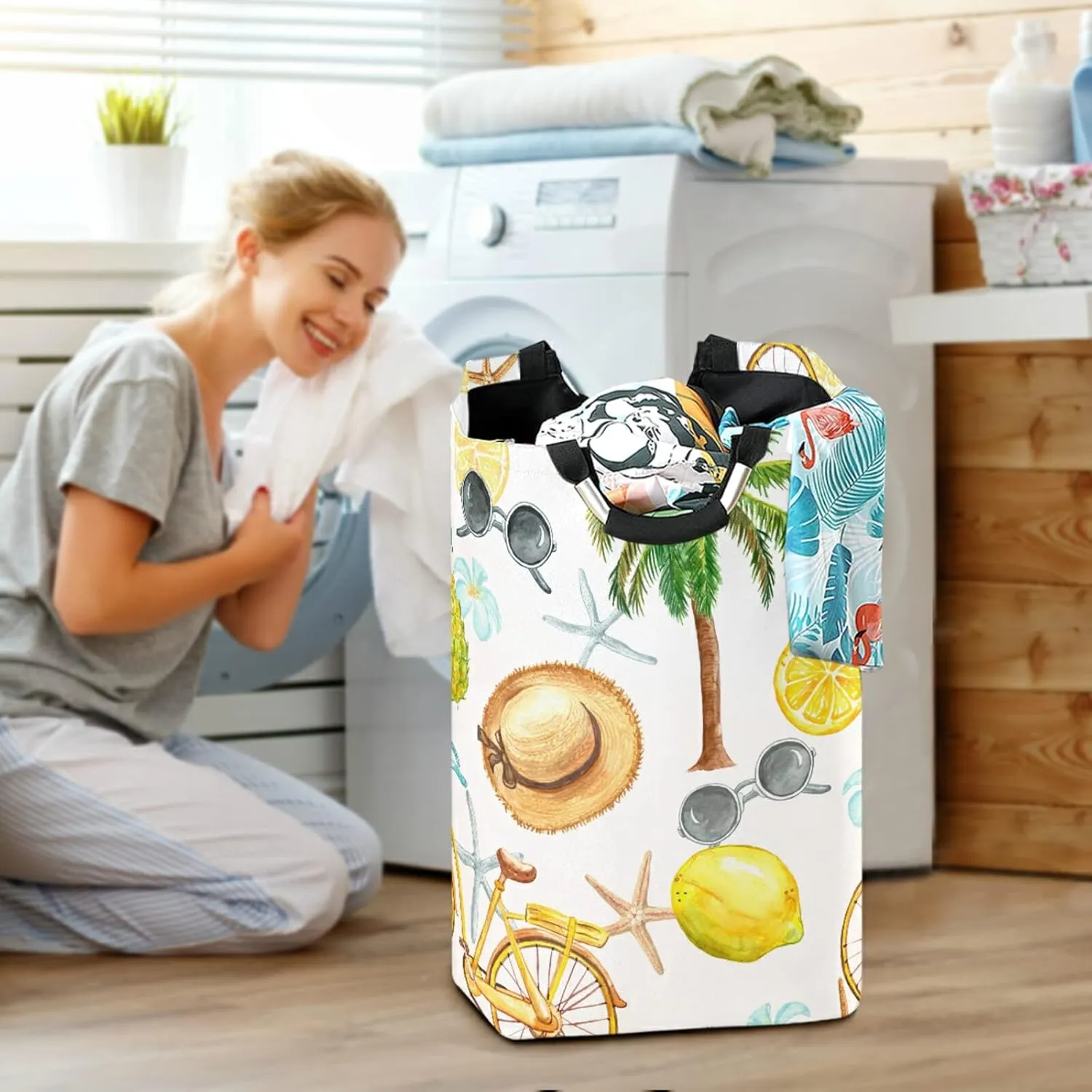 Oyihfvs Summer Bicycle, Sunglasses, Palm Trees, Lemons, Pineapple, Straw Laundry Hamper Basket Bucket, Foldable Dirty Clothes Bag, Waterproof Fabric Washing Bin, Toy Storage with Handles for Bathroom
