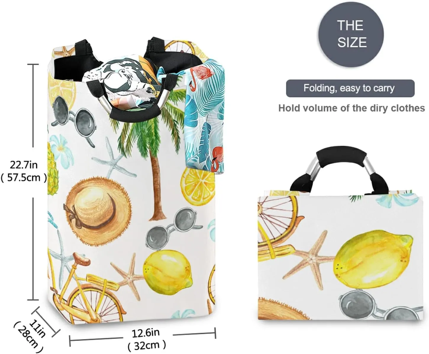 Oyihfvs Summer Bicycle, Sunglasses, Palm Trees, Lemons, Pineapple, Straw Laundry Hamper Basket Bucket, Foldable Dirty Clothes Bag, Waterproof Fabric Washing Bin, Toy Storage with Handles for Bathroom