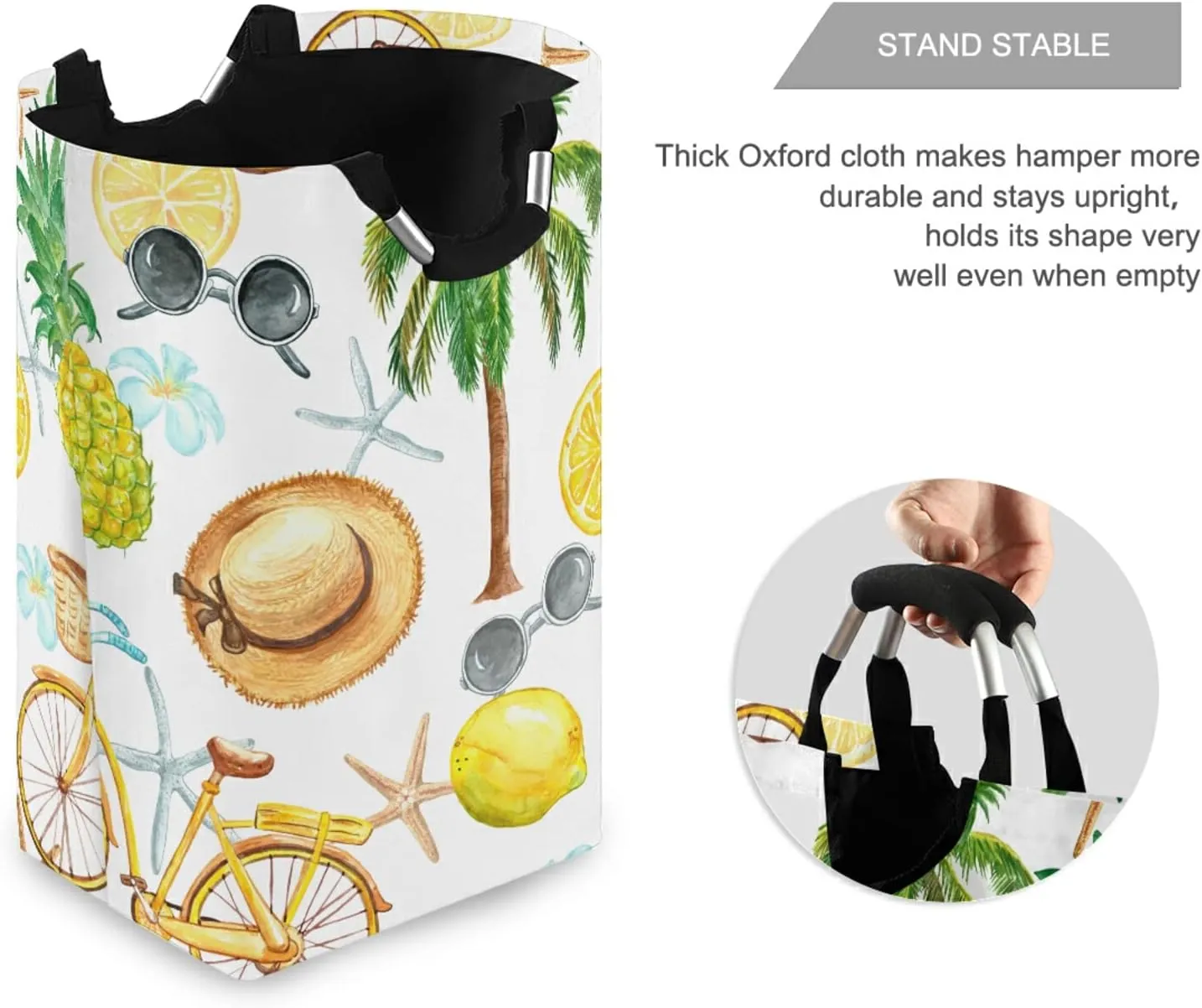 Oyihfvs Summer Bicycle, Sunglasses, Palm Trees, Lemons, Pineapple, Straw Laundry Hamper Basket Bucket, Foldable Dirty Clothes Bag, Waterproof Fabric Washing Bin, Toy Storage with Handles for Bathroom