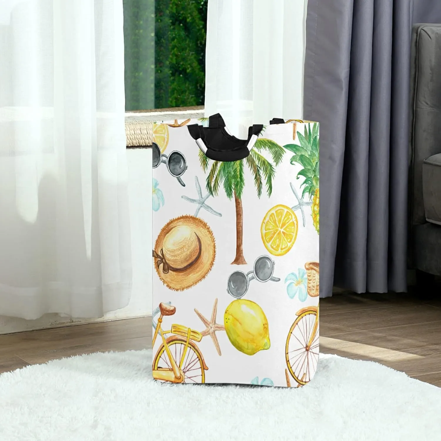 Oyihfvs Summer Bicycle, Sunglasses, Palm Trees, Lemons, Pineapple, Straw Laundry Hamper Basket Bucket, Foldable Dirty Clothes Bag, Waterproof Fabric Washing Bin, Toy Storage with Handles for Bathroom