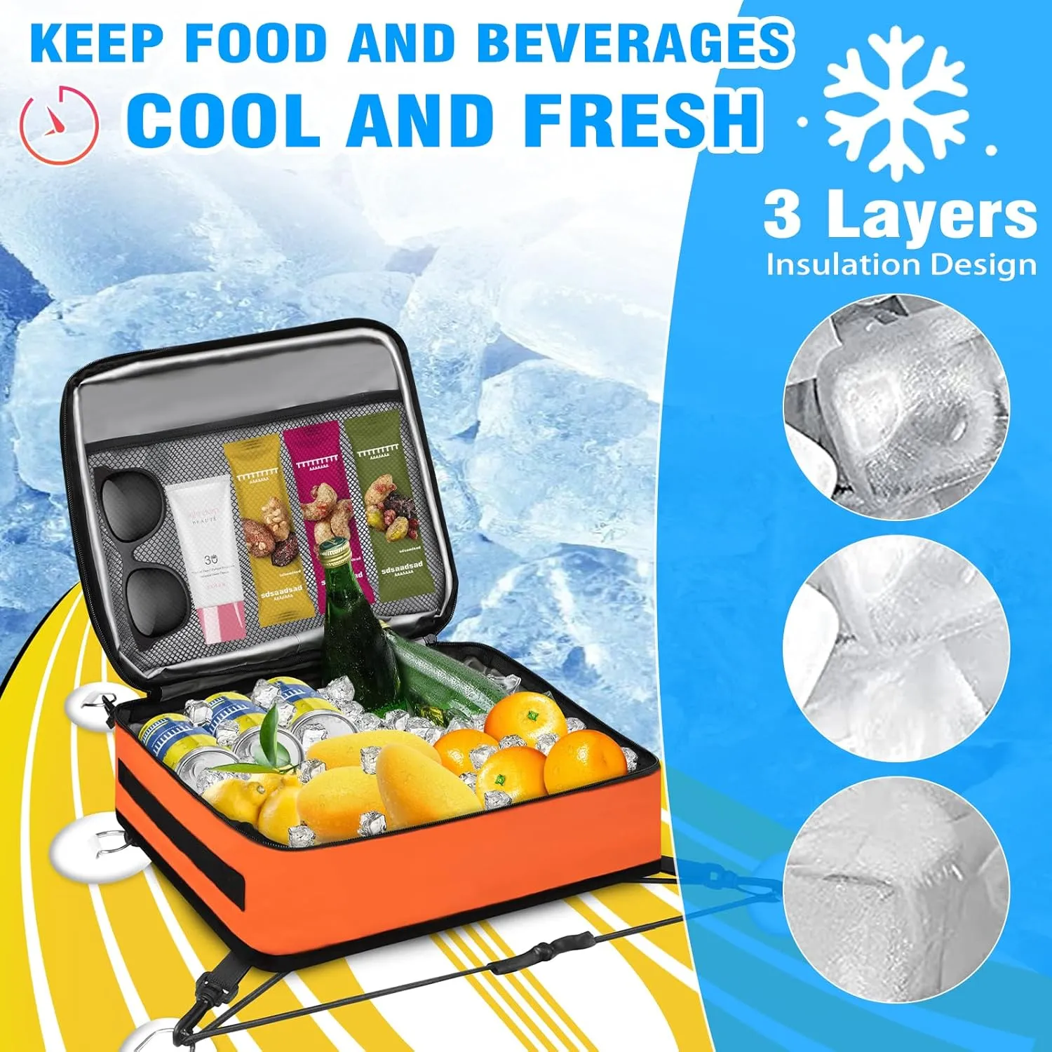 Paddle Board Cooler Bag, Insulated Deck Bag with Mesh Zipper Pocket & 4 Securing Clip Straps, Waterproof 10 Can Cooler for Paddle Board, SUP, Kayak
