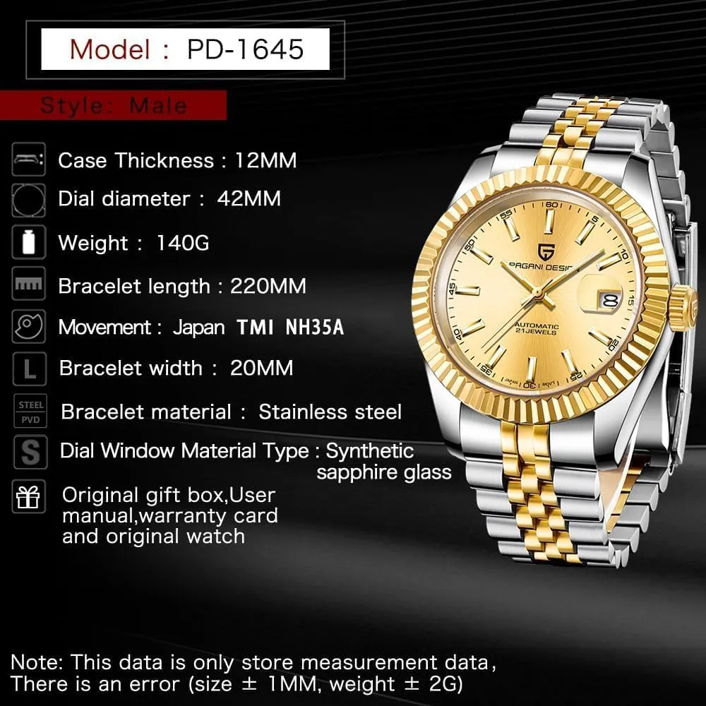 Pagani Design PD1645 Men's Watch 42MM Men's Automatic Watch Japan NH35 A Automatic Movement 100M Water Resistant, Stainless Steel, Sapphire Mirror, Sport Business Watch.