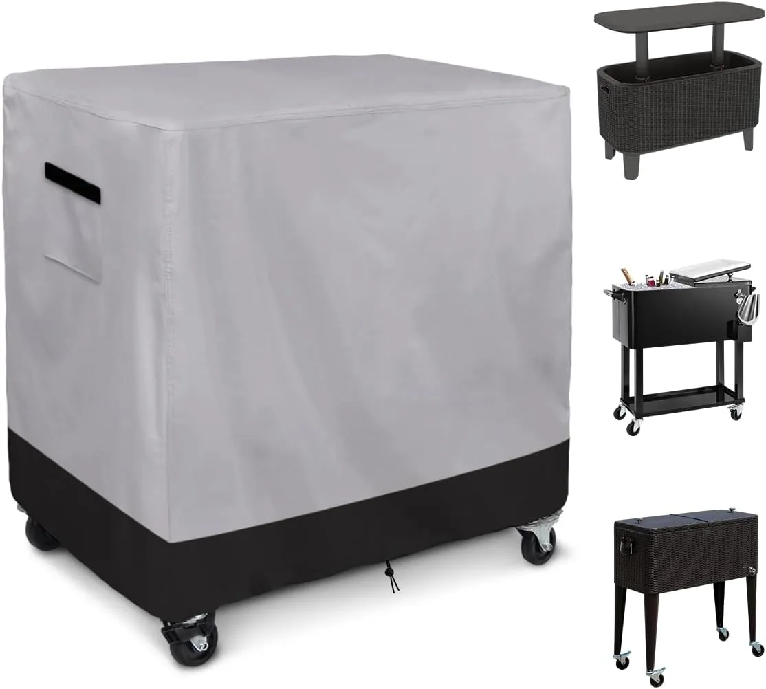 Patio Cooler Cart Cover, 600D Heavy Duty Waterproof Rolling Ice Chest Cooler Cover Fits 80-100 Quart, Black/Grey