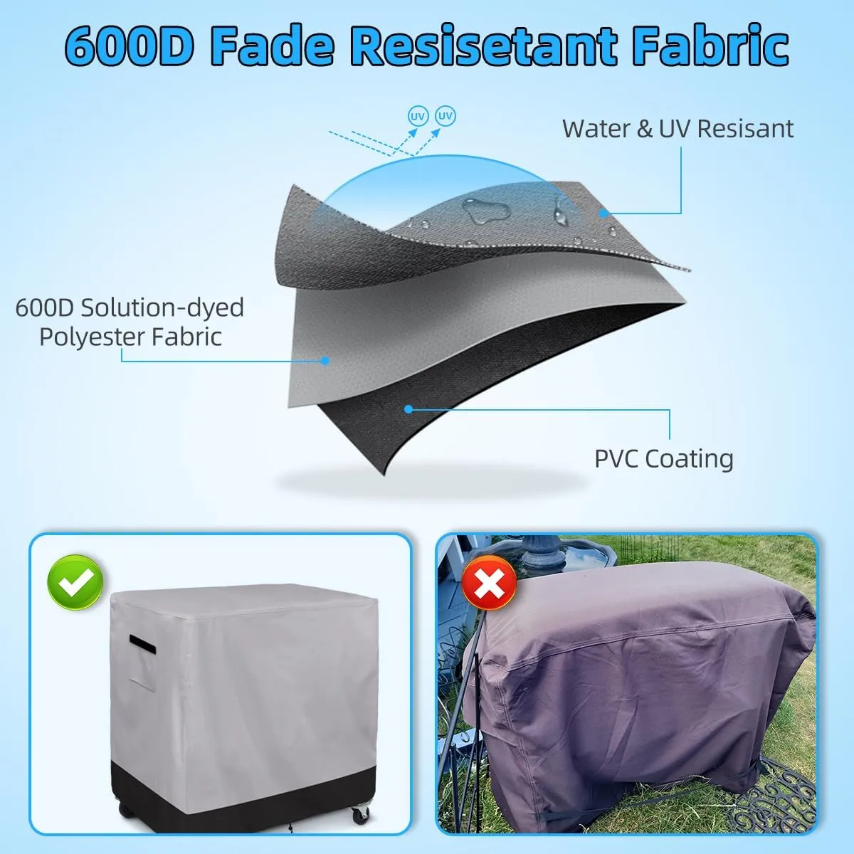 Patio Cooler Cart Cover, 600D Heavy Duty Waterproof Rolling Ice Chest Cooler Cover Fits 80-100 Quart, Black/Grey