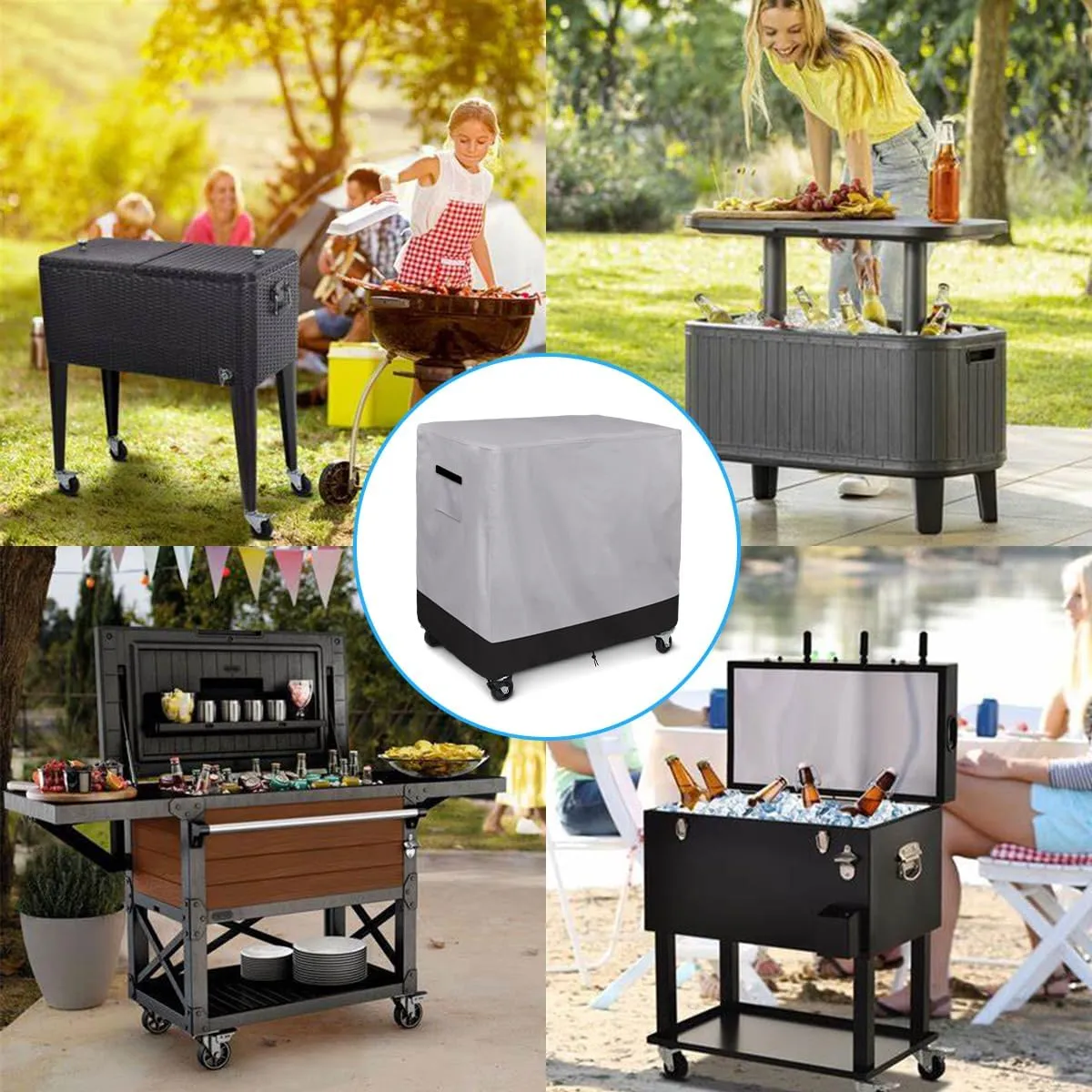 Patio Cooler Cart Cover, 600D Heavy Duty Waterproof Rolling Ice Chest Cooler Cover Fits 80-100 Quart, Black/Grey