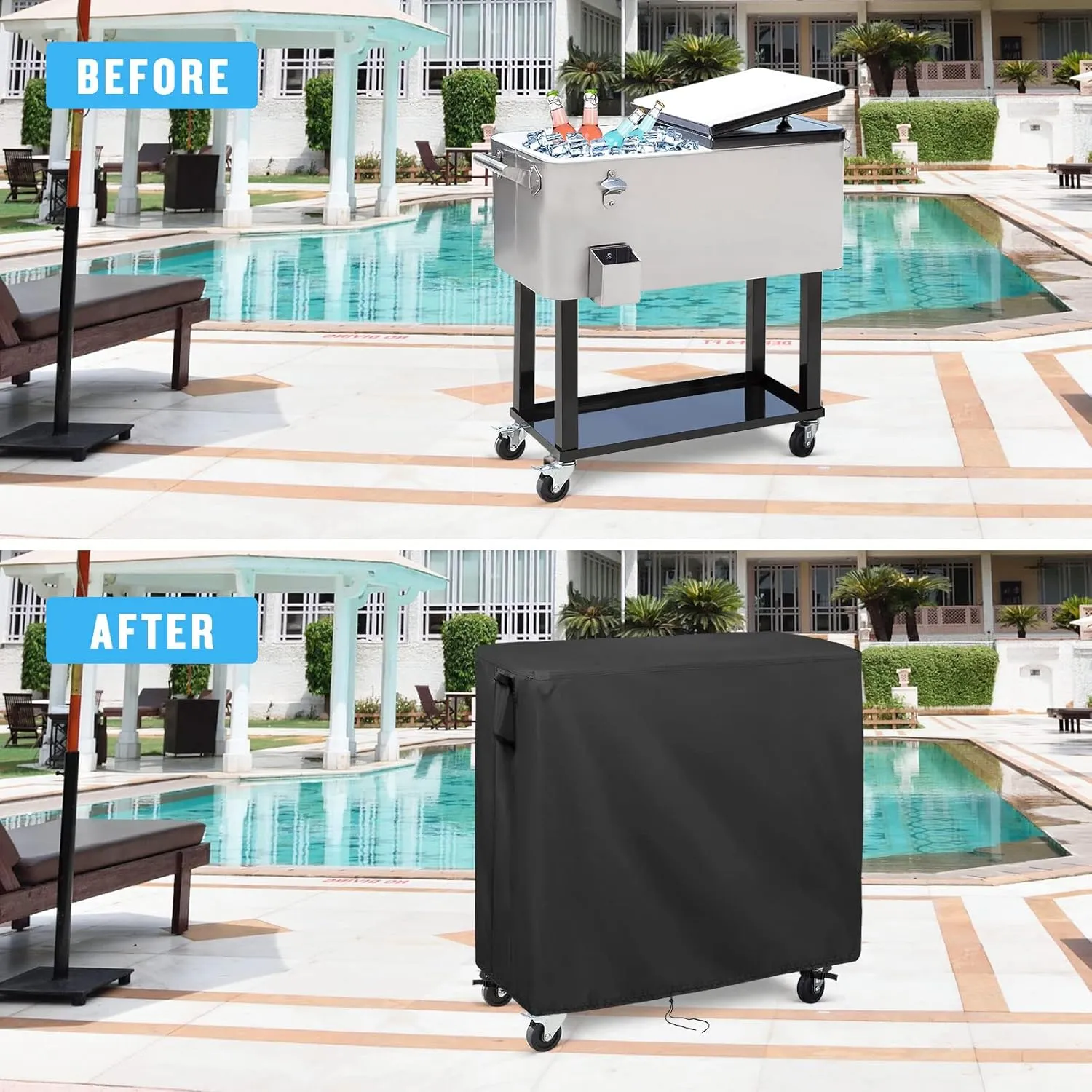 Patio Cooler Cart Cover for 80 Quart Rolling Cooler - Waterproof Ice Chest Outdoor Bar Cover - Black-36x21x32Inchs