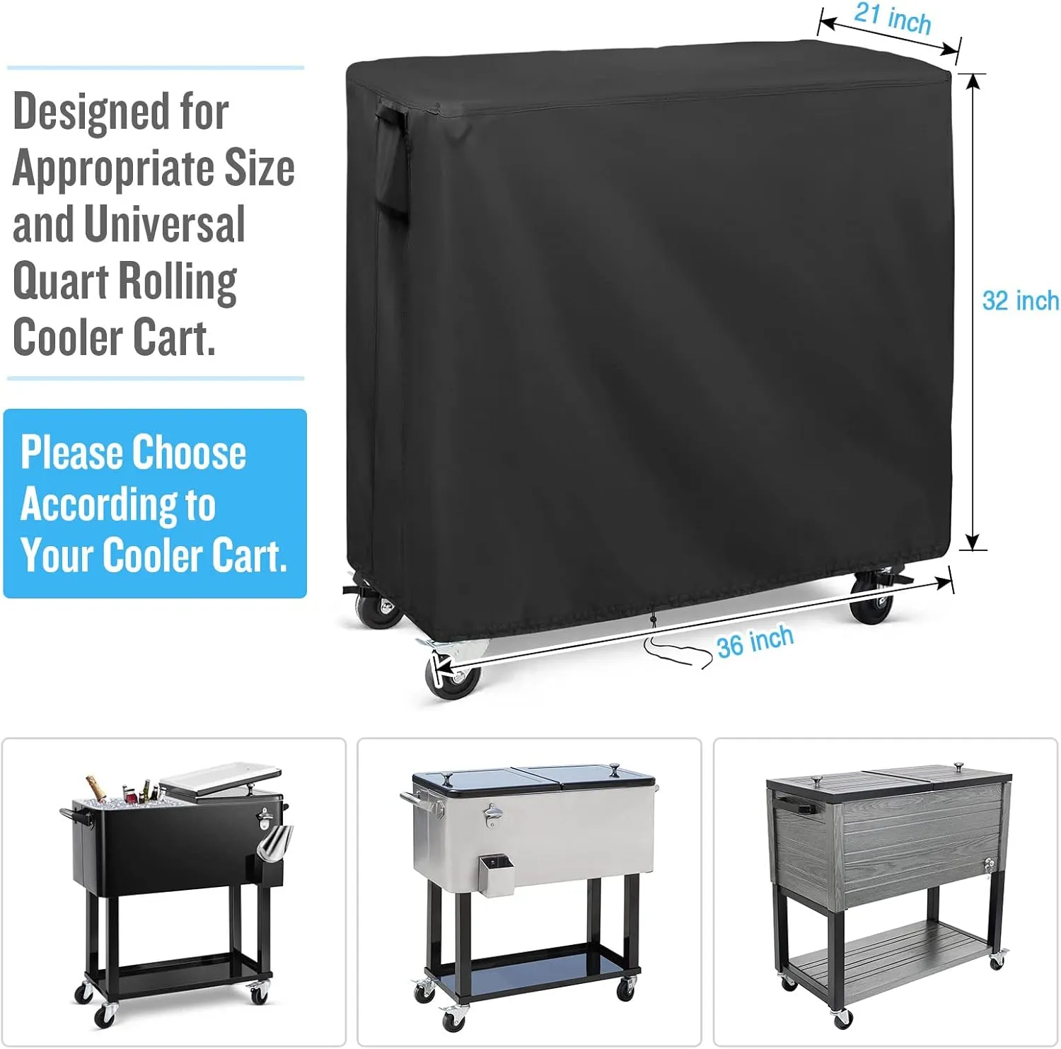 Patio Cooler Cart Cover for 80 Quart Rolling Cooler - Waterproof Ice Chest Outdoor Bar Cover - Black-36x21x32Inchs