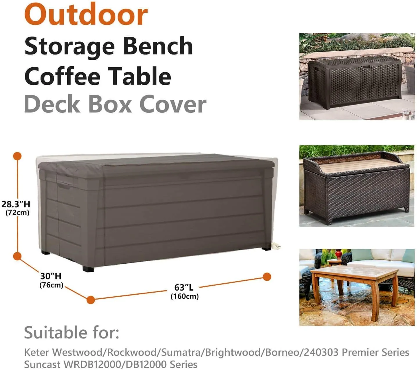 Patio Deck Box Cover, 63x30 Inch Fire Pit Covers with Straps and Handles, Waterproof Heavy Duty Outdoor Furniture Winter Cover for Keter, Suncast, Lifetime Container