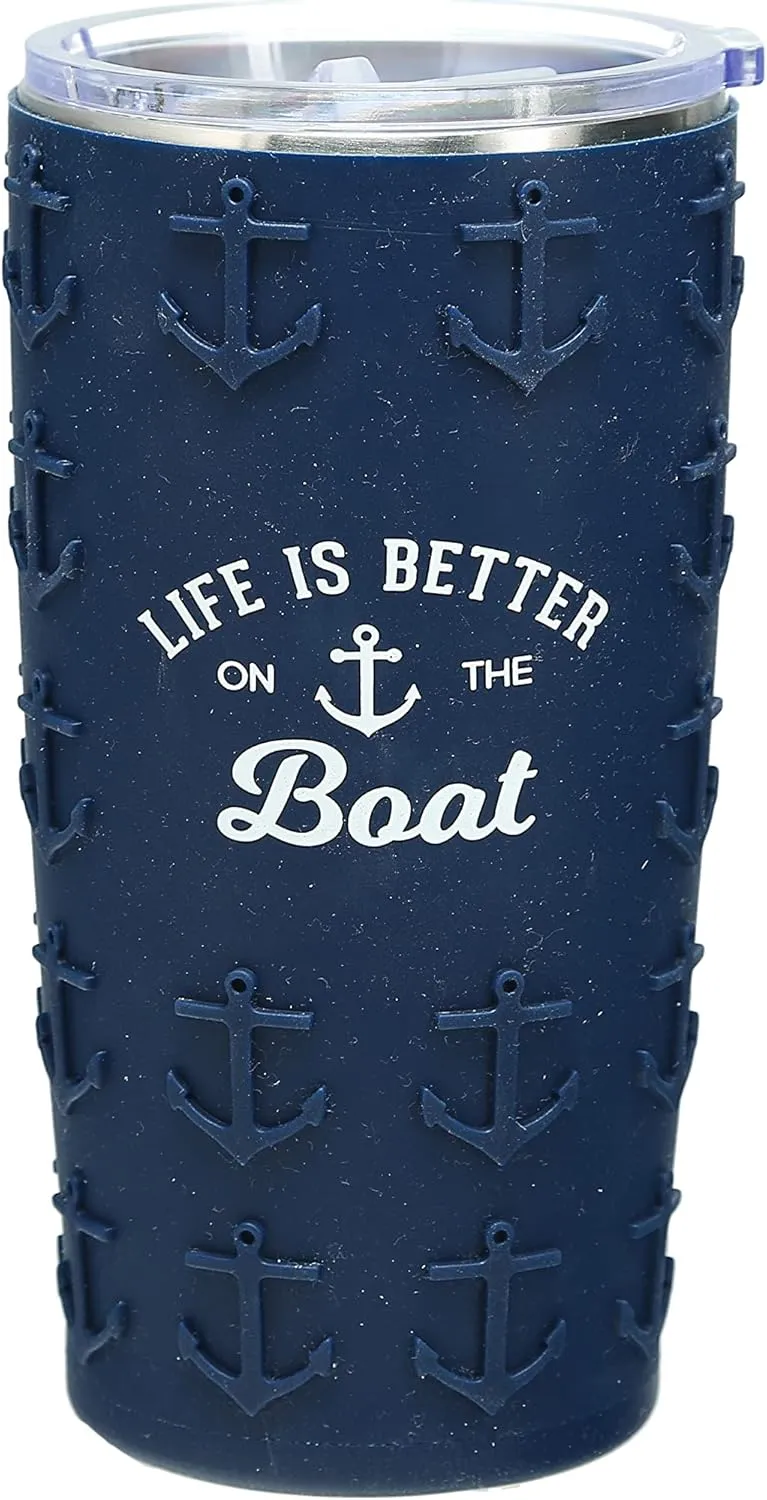 Pavilion Gift Company - Life Is Better on the Boat - 20 ounce Stainless Steel Vacuum Insulated Tumbler with MagSlider Lid and Silicone Sleeve, 1 Count, 3.5 x 3.5 x 6.75 inches, Navy