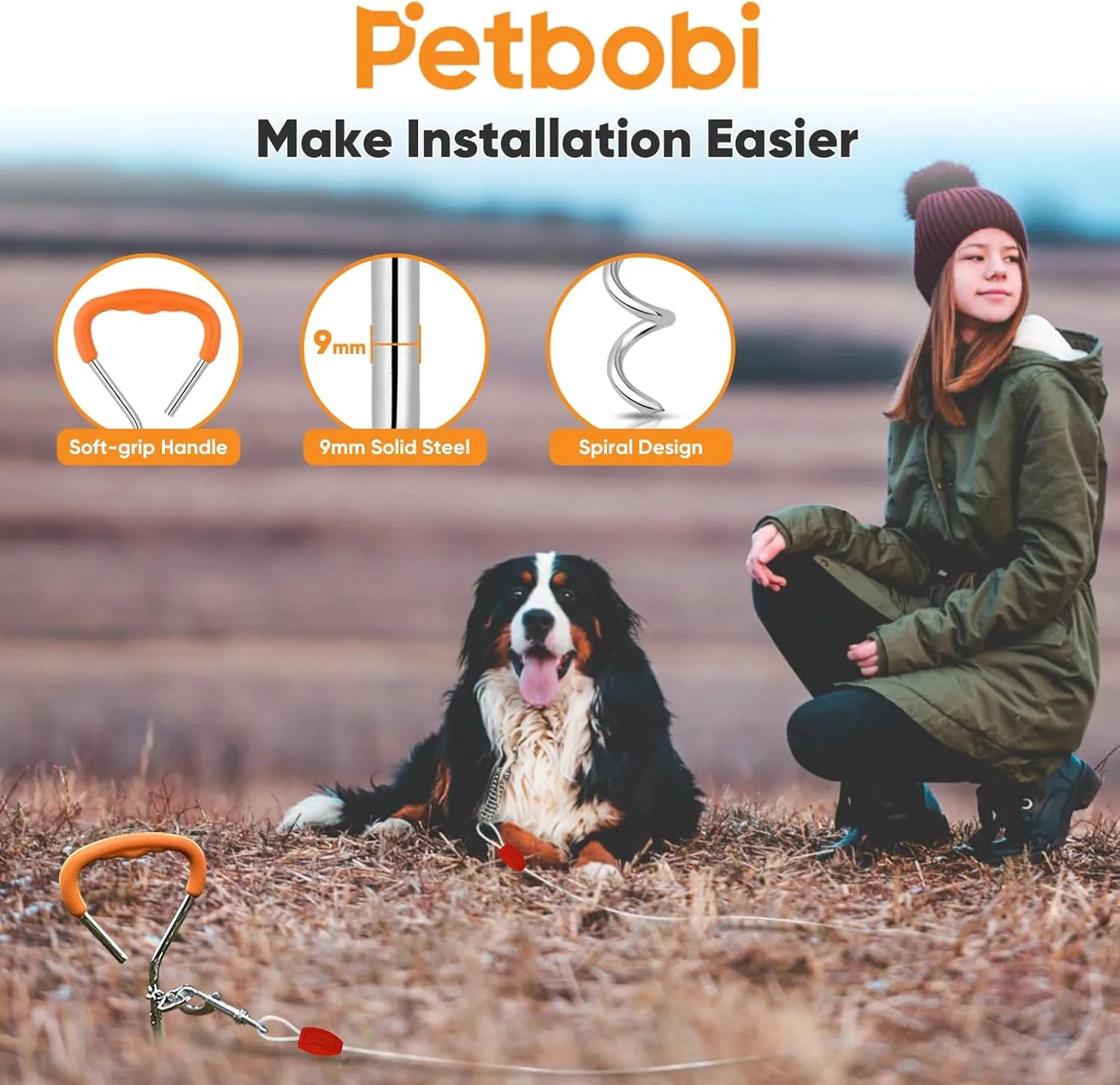 Petbobi Dog Tie-Out Cable and Stake - 30ft Heavy Duty Cable with Spring, No Tangle, 16in Ground Stake, Ideal for Yard, Camping and Beach, Suitable for Small Medium Large Dogs Up to 120 lbs, Silvery