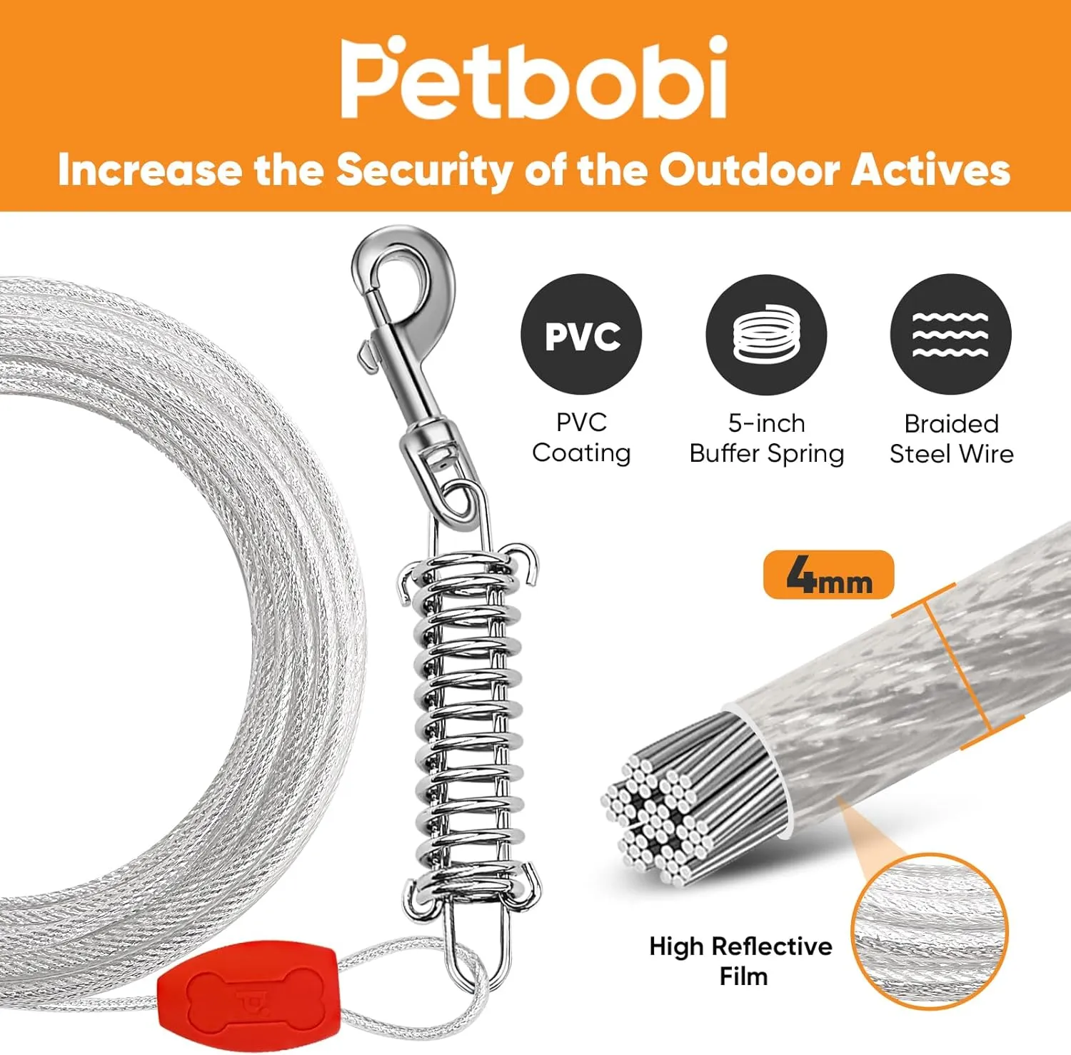 Petbobi Dog Tie-Out Cable and Stake - 30ft Heavy Duty Cable with Spring, No Tangle, 16in Ground Stake, Ideal for Yard, Camping and Beach, Suitable for Small Medium Large Dogs Up to 120 lbs, Silvery