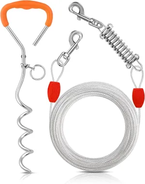 Petbobi Dog Tie-Out Cable and Stake - 30ft Heavy Duty Cable with Spring, No Tangle, 16in Ground Stake, Ideal for Yard, Camping and Beach, Suitable for Small Medium Large Dogs Up to 120 lbs, Silvery