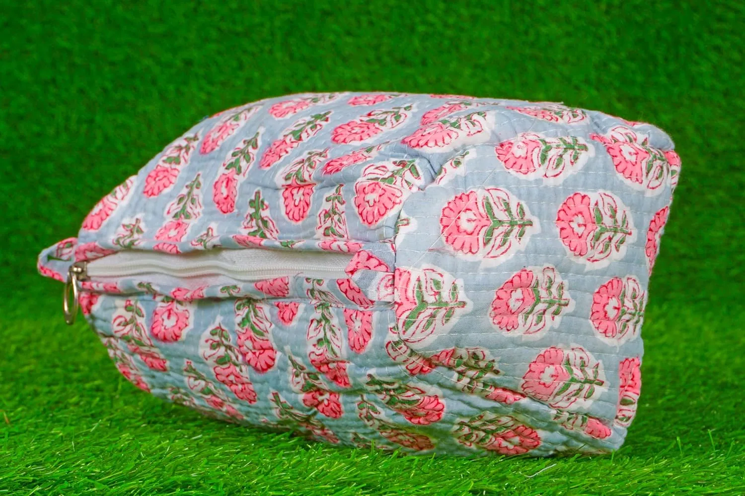 Pieces Indian Handmade Cotton Quilted Handmade Floral Hand Block Print Toiletry Bag,Cosmetic Pouch Bag Makeup Bag For Women (1, Gray), 85485