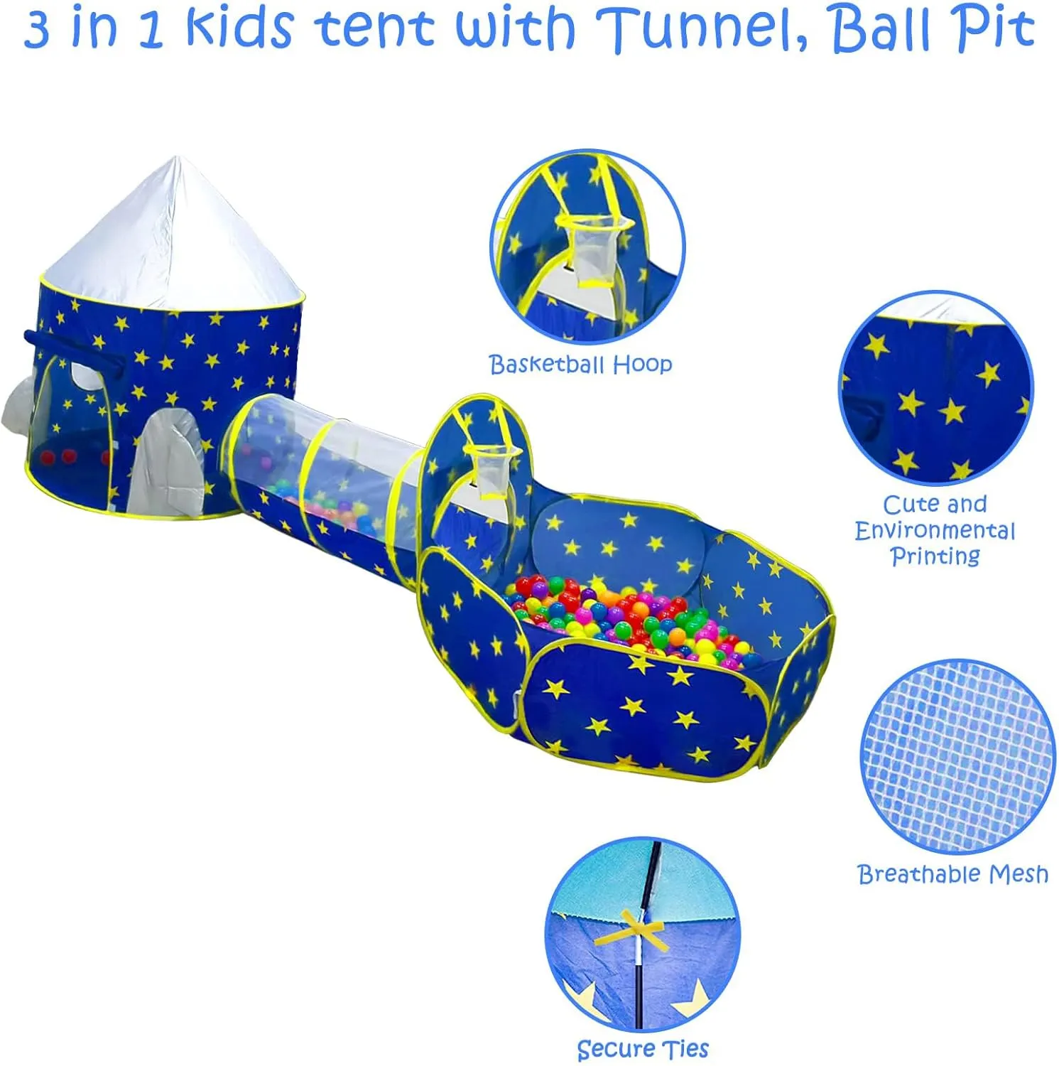 PigPigPen 3pc Kids Play Tent for Boys with Ball Pit, Crawl Tunnel, Princess Tents for Toddlers, Baby Space World Playhouse Toys, Boys Indoor& Outdoor Play House, Perfect Kid’s Gifts