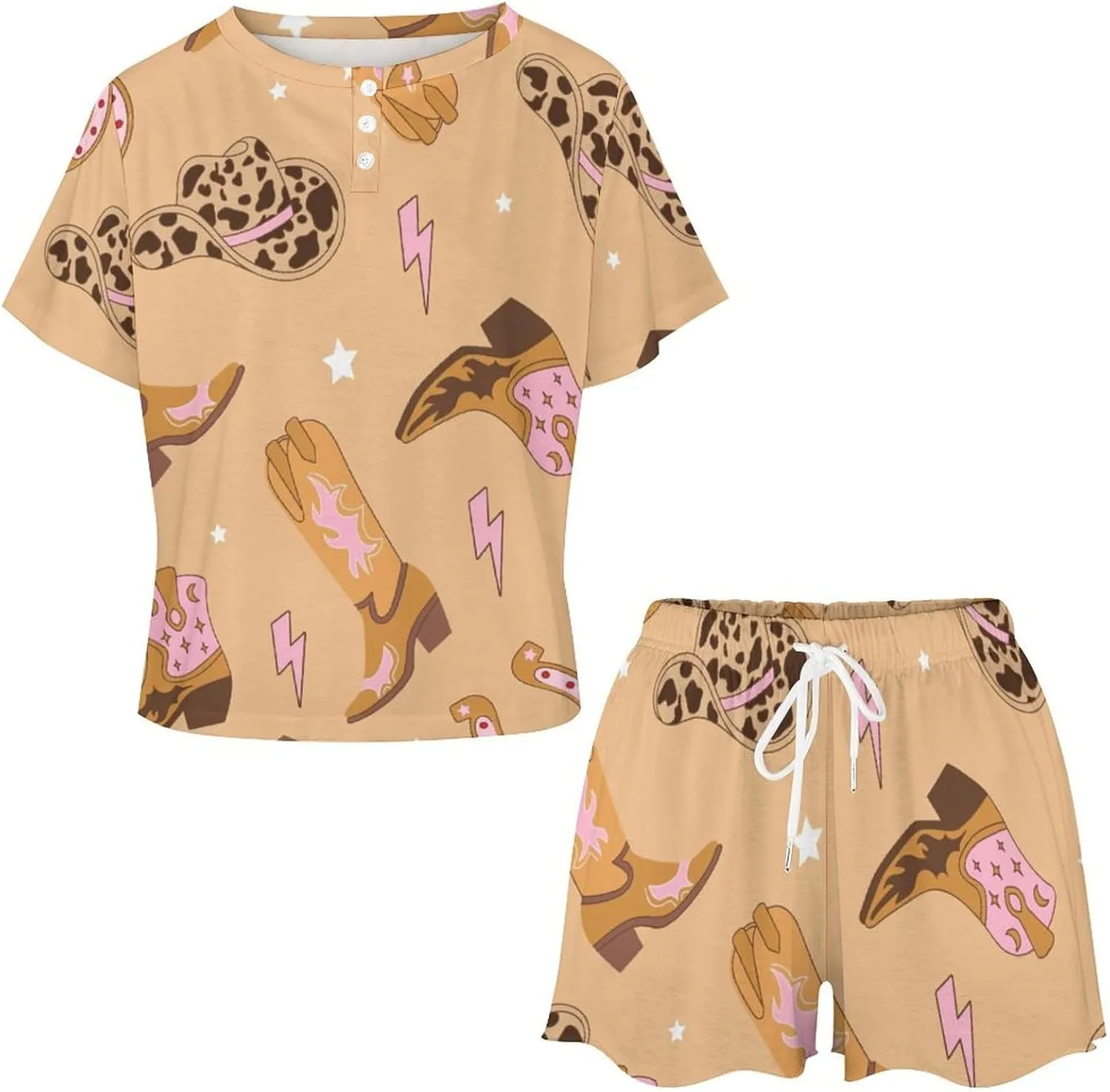 Pink Cowgirl Boots Horseshoe Pajamas Set Womens Sleepwear Soft Lounge Sleep Set 2 Piece Short Sleeve Pjs Sets