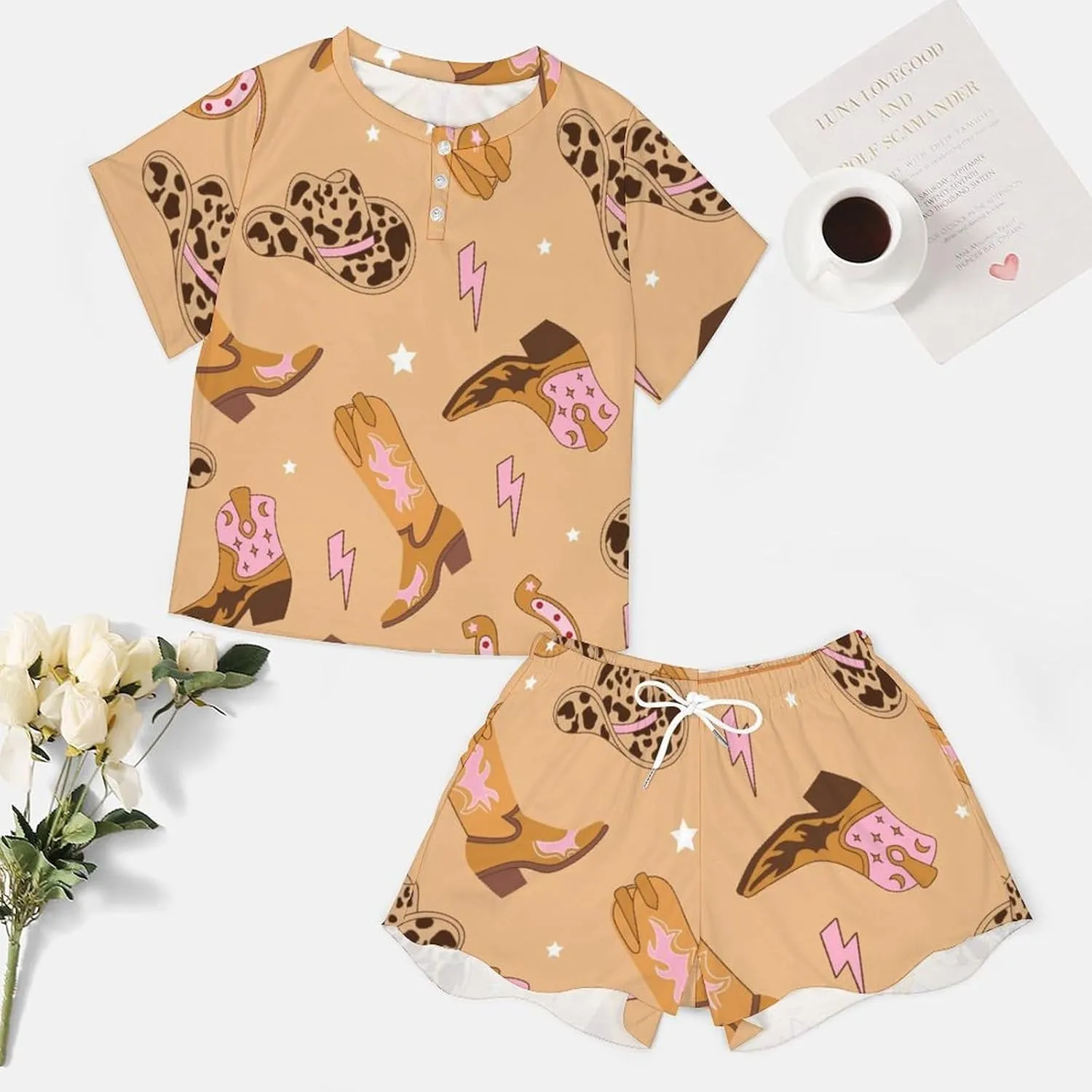 Pink Cowgirl Boots Horseshoe Pajamas Set Womens Sleepwear Soft Lounge Sleep Set 2 Piece Short Sleeve Pjs Sets