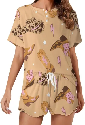 Pink Cowgirl Boots Horseshoe Pajamas Set Womens Sleepwear Soft Lounge Sleep Set 2 Piece Short Sleeve Pjs Sets