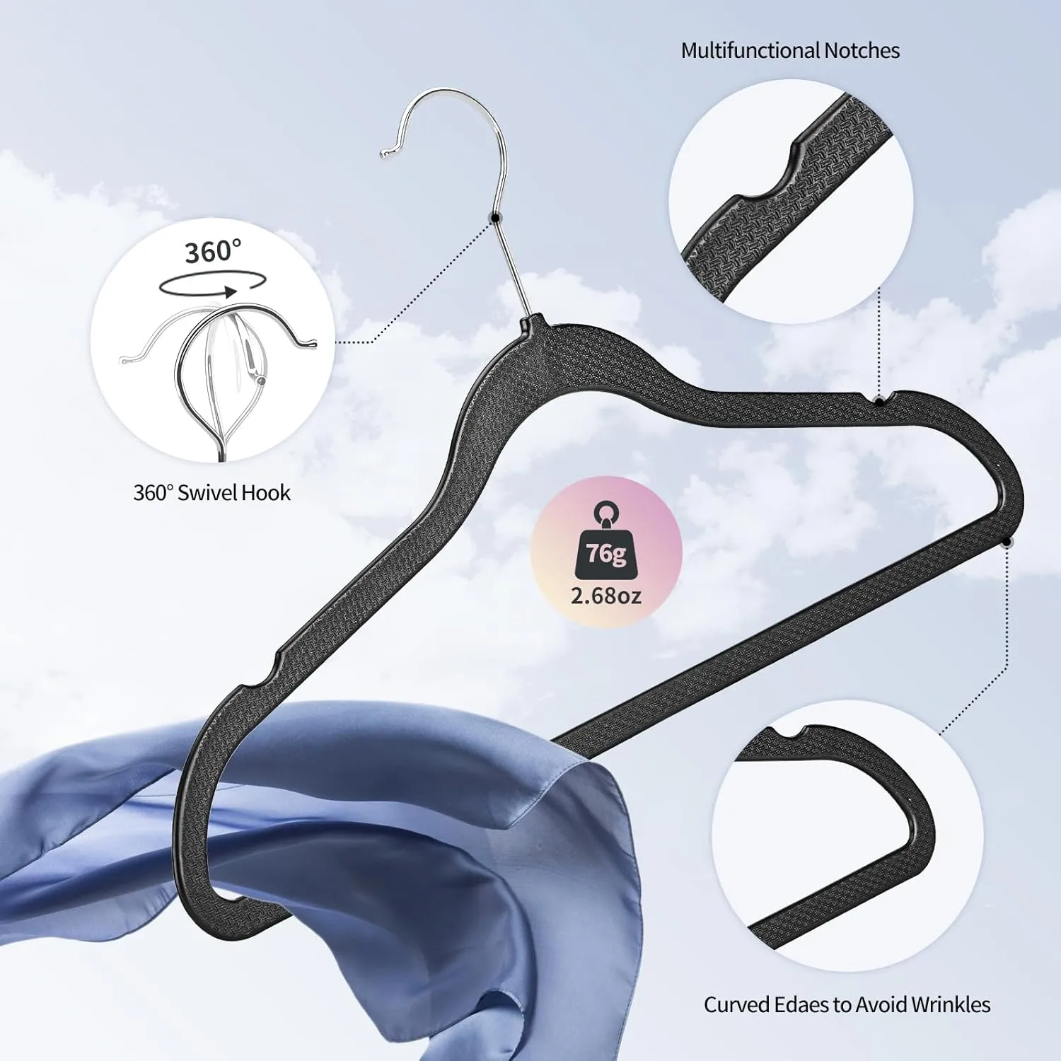 Plastic Coat Hangers 50-Pack,Non-Slip, Space Saving Closet Hangers for Dorm & Apartment - 360° Rotating, Heavy Duty, Durable (Black)