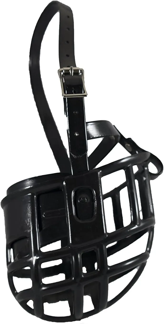 Plastic Dog Muzzle with Adjustable Plastic Coated Nylon Headstall - Made in The USA - (Medium, Black)