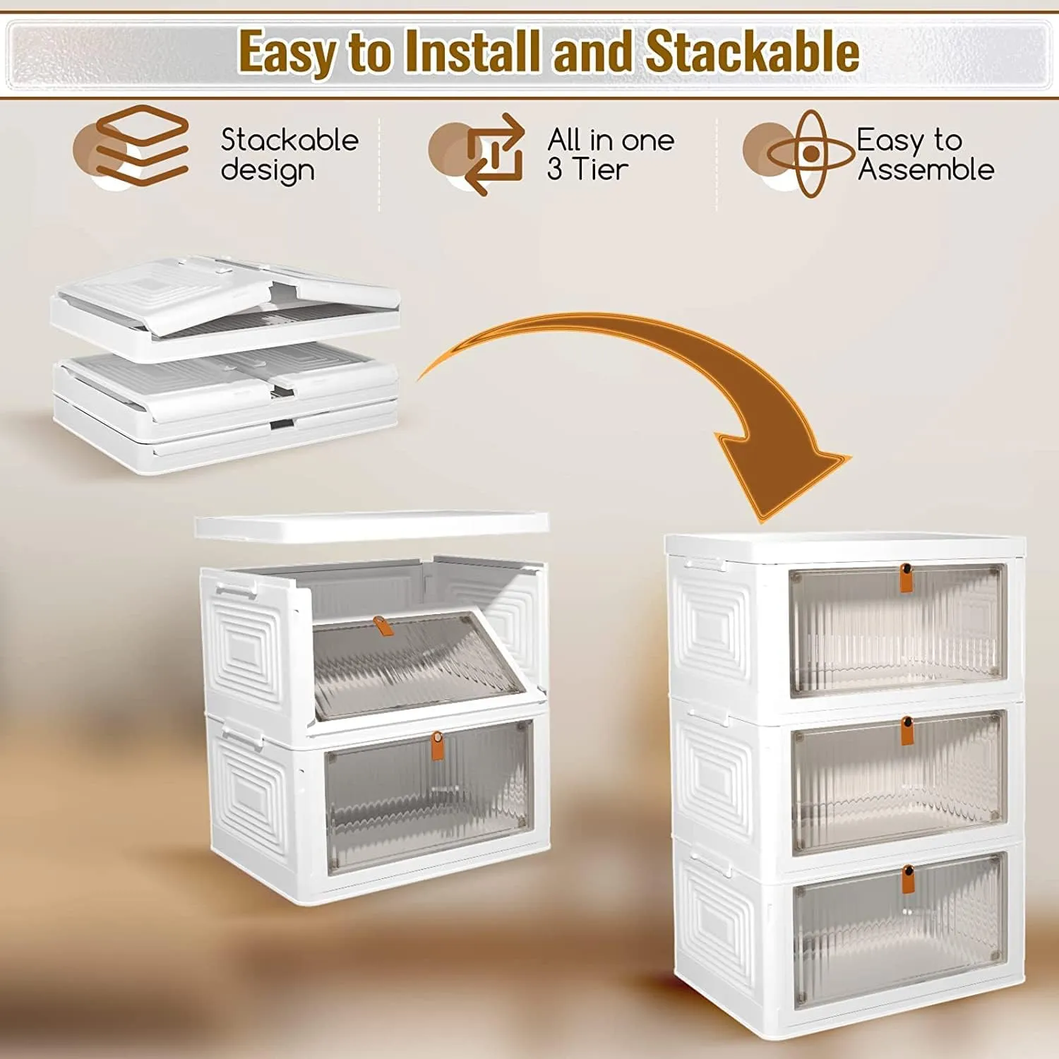 Plastic Storage Bins with Lids, 3 Pack Large Collapsible Folding Stackable Containers for Organizing