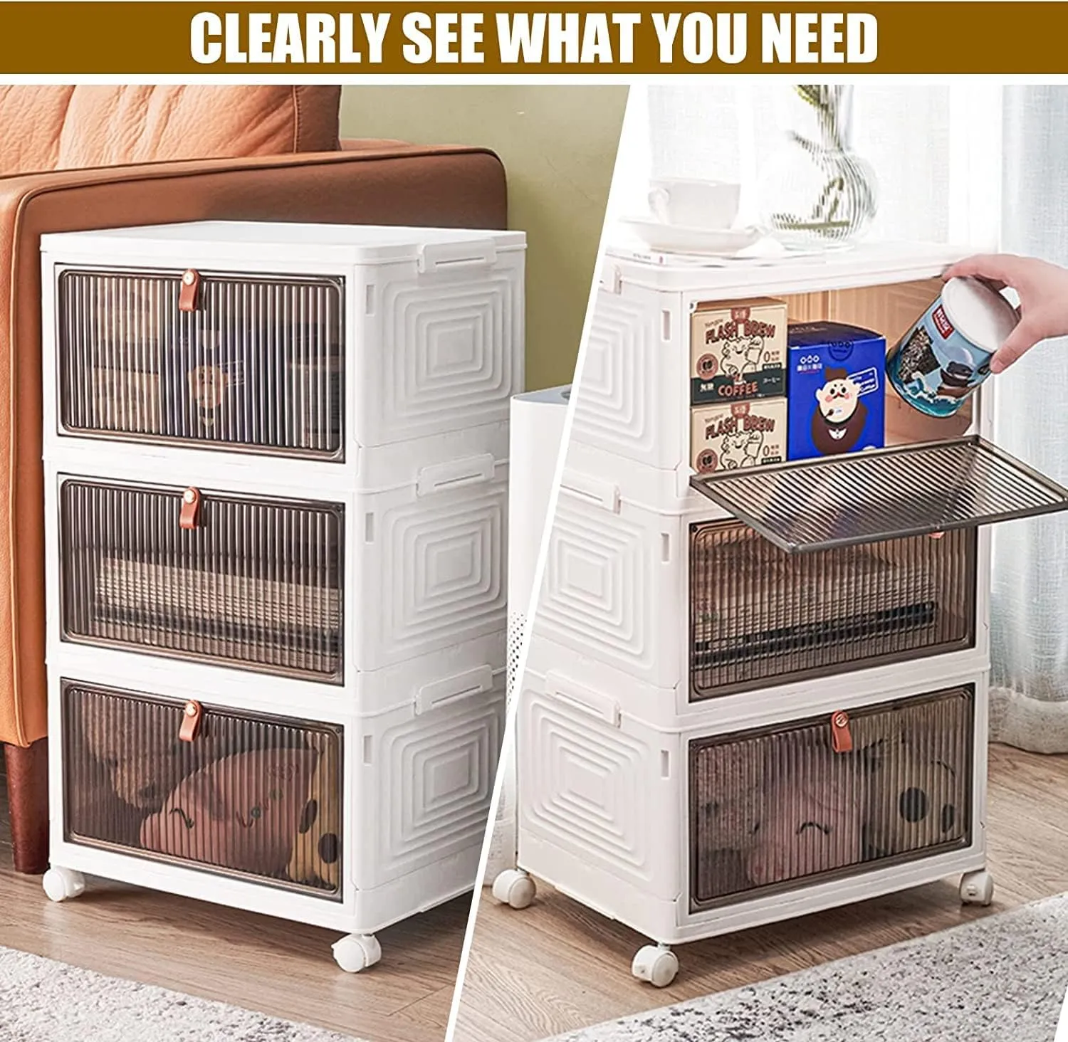 Plastic Storage Bins with Lids, 3 Pack Large Collapsible Folding Stackable Containers for Organizing