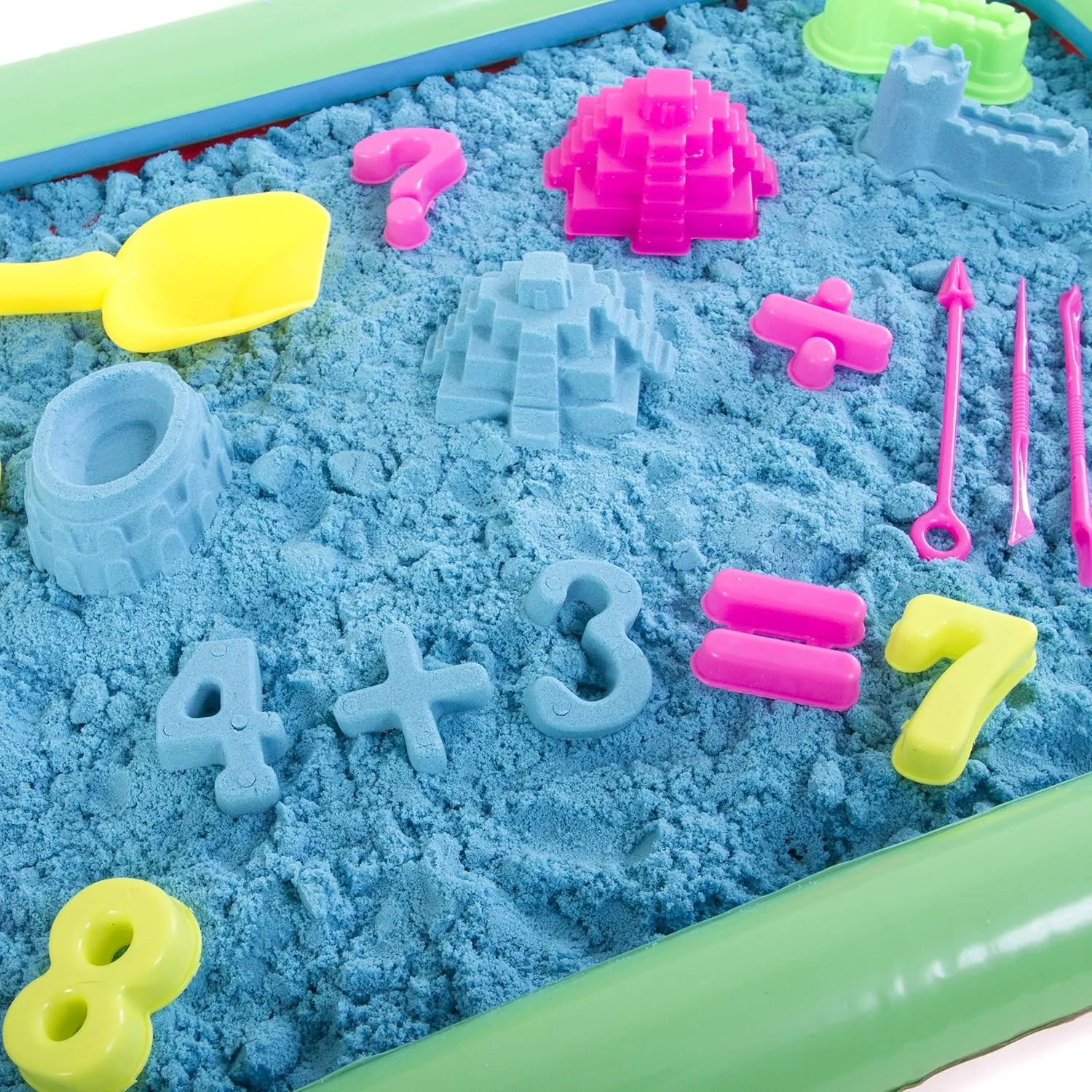 Play Sand Kit - 32 pc Play Sand Sensory Toy Set with 3.3lbs of Colored Magic Play Sand, Inflatable Sand Box, Castle Molds, Carving Tools, Shovel, Air Pump, Storage Bucket & More (Blue)