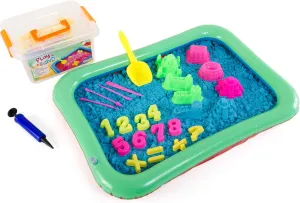 Play Sand Kit - 32 pc Play Sand Sensory Toy Set with 3.3lbs of Colored Magic Play Sand, Inflatable Sand Box, Castle Molds, Carving Tools, Shovel, Air Pump, Storage Bucket & More (Blue)