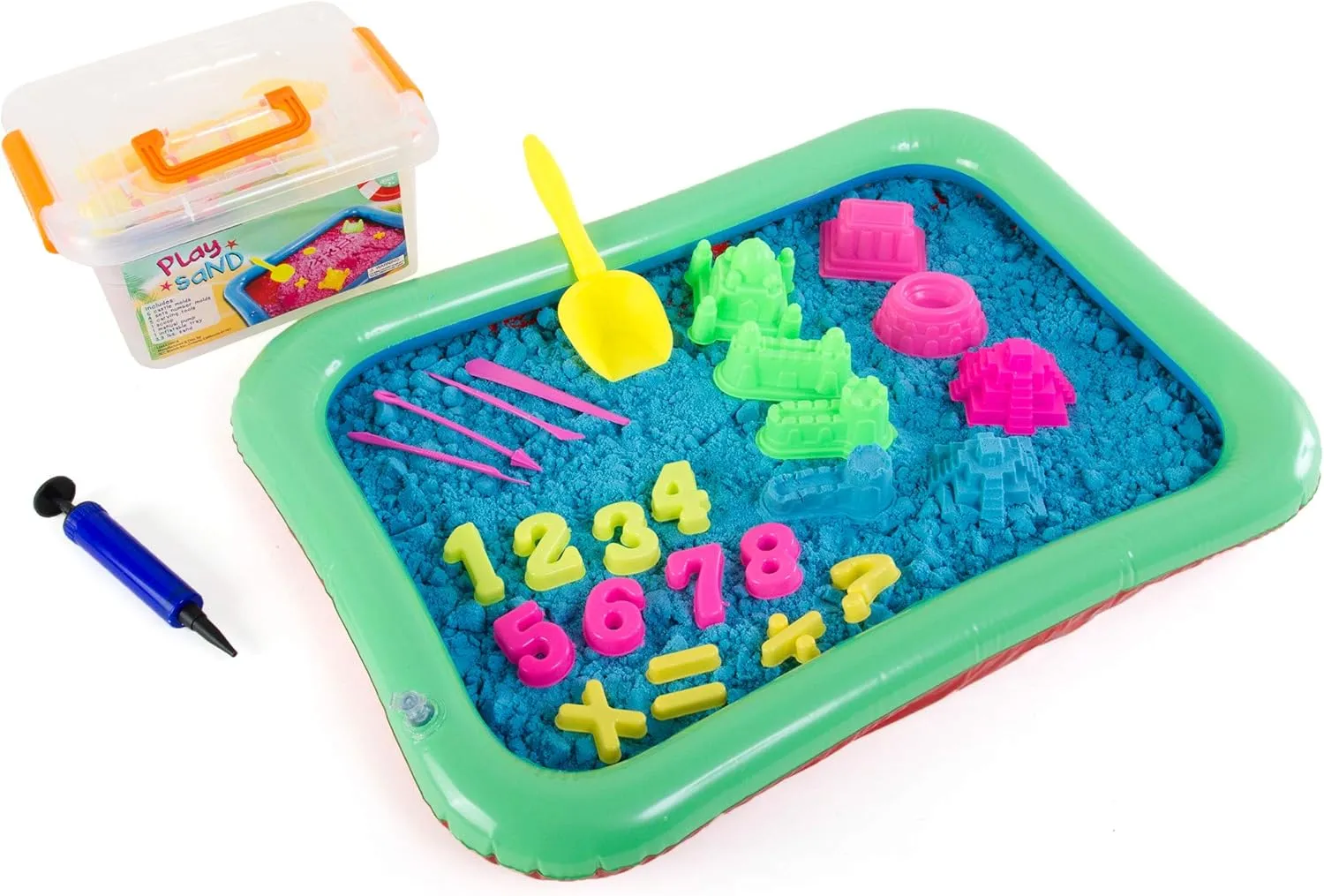 Play Sand Kit - 32 pc Play Sand Sensory Toy Set with 3.3lbs of Colored Magic Play Sand, Inflatable Sand Box, Castle Molds, Carving Tools, Shovel, Air Pump, Storage Bucket & More (Blue)