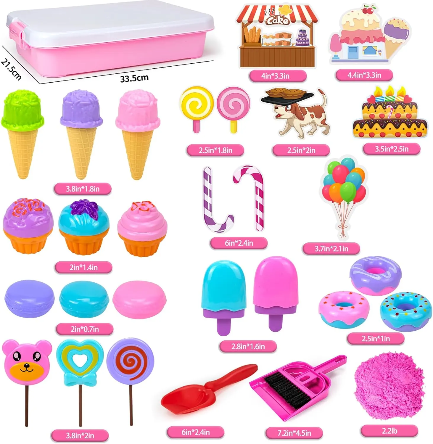 Play Sand Kit for Girls, Ice Cream Sensory Bin Sandbox, Creative Bake Shop with 2.2lbs Magic Sand, Ice Cream & Cake Models, Cleaning Tools, Pretend Beach Cake Stand Toys Gift for Toddler Ages 3-8
