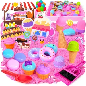 Play Sand Kit for Girls, Ice Cream Sensory Bin Sandbox, Creative Bake Shop with 2.2lbs Magic Sand, Ice Cream & Cake Models, Cleaning Tools, Pretend Beach Cake Stand Toys Gift for Toddler Ages 3-8