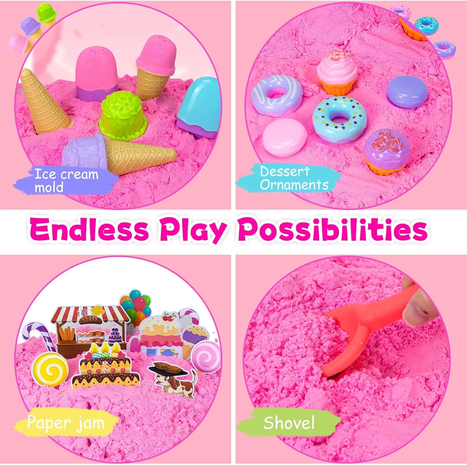 Play Sand Kit for Girls, Ice Cream Sensory Bin Sandbox, Creative Bake Shop with 2.2lbs Magic Sand, Ice Cream & Cake Models, Cleaning Tools, Pretend Beach Cake Stand Toys Gift for Toddler Ages 3-8
