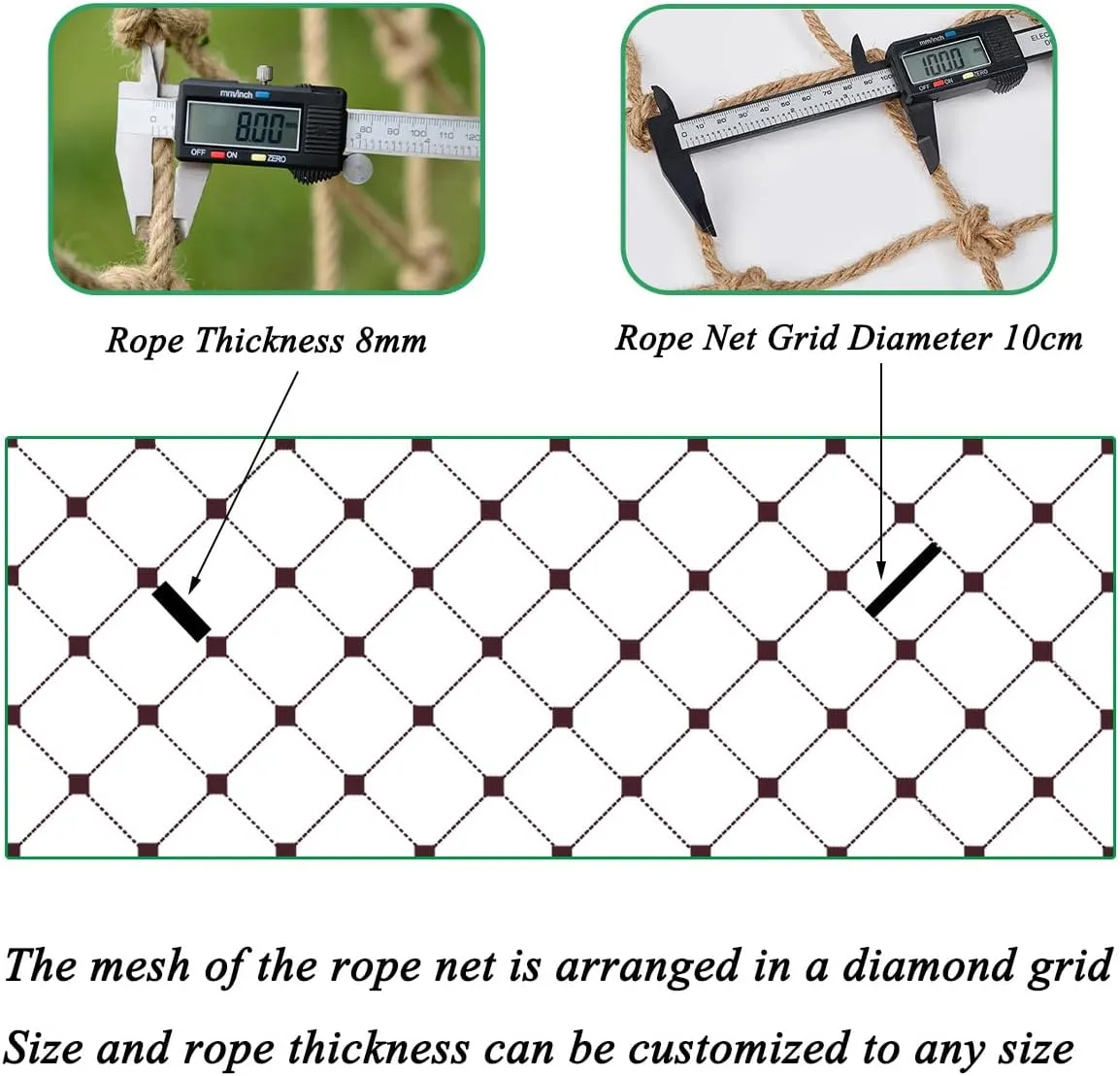 Playground Rope Net,8mm Thick Hemp Rope Net,Heavy Duty Cargo Net Diamond Grid ,Training Net for Kids Outdoor,Yard Frame Climbing Net, Treehouse Rope Ladder,Safety Rope Net for Kids(Size:1mx6m)