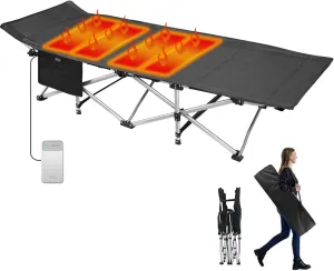 PLKO Heated Camping Cot for Adults, Heavy Duty Folding Camping Cot with Carry Bag, Ideal for Camping, Travel, Office or Home, Max Load 500lbs, Black