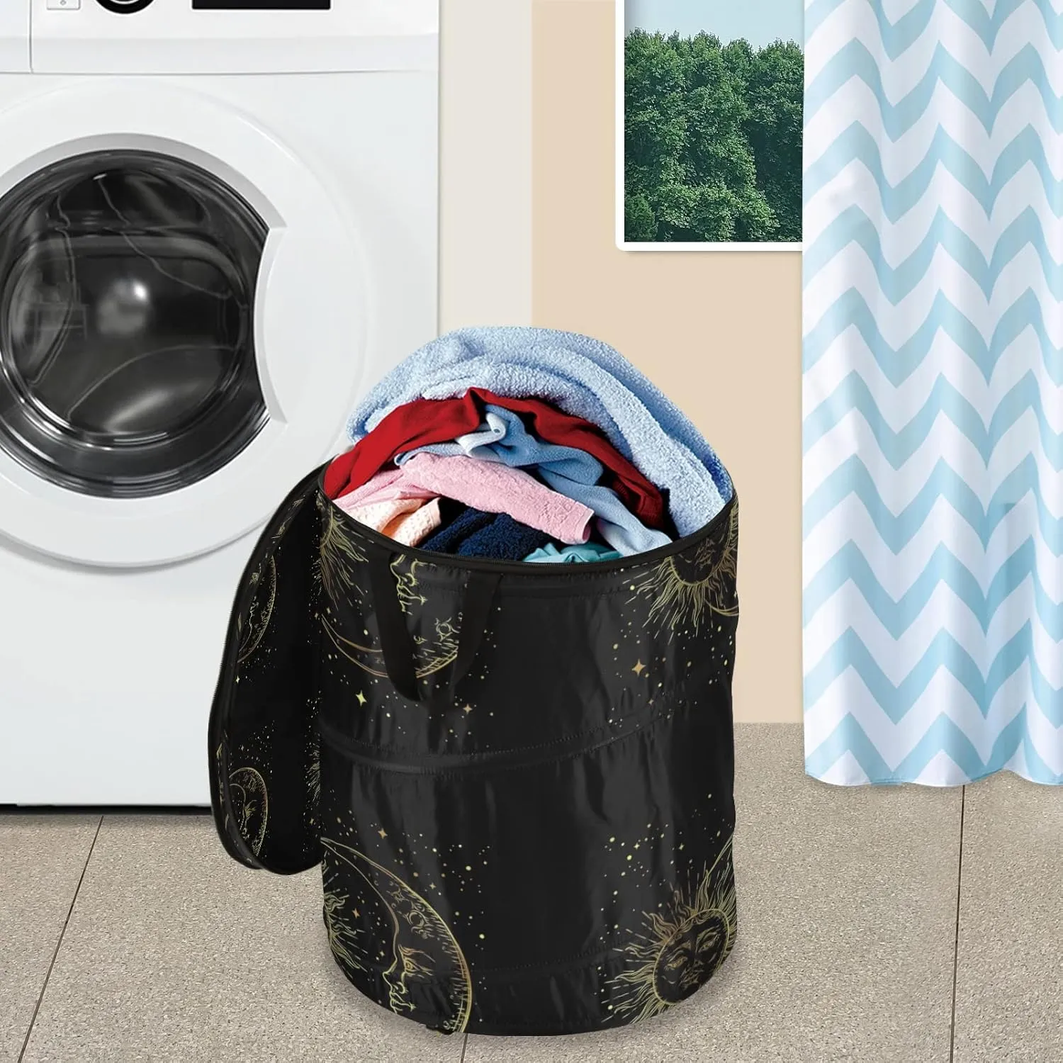 Poeticcity Golden Sun, Crescent Moon and Gold Stars Over Black Galaxy Sky Pop Up Laundry Hamper, Collapsible Dirty Clothes Basket with Zipper Lid, Storage Bag Washing Bin for Room College Dorm Travel