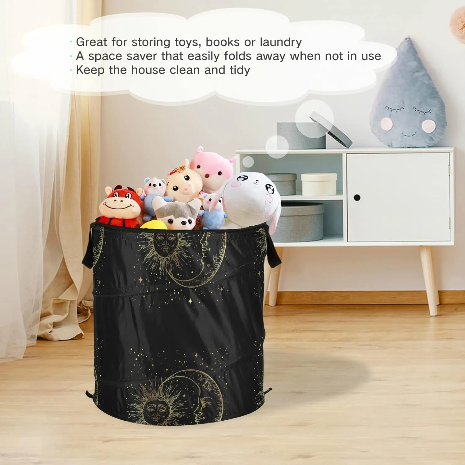 Poeticcity Golden Sun, Crescent Moon and Gold Stars Over Black Galaxy Sky Pop Up Laundry Hamper, Collapsible Dirty Clothes Basket with Zipper Lid, Storage Bag Washing Bin for Room College Dorm Travel