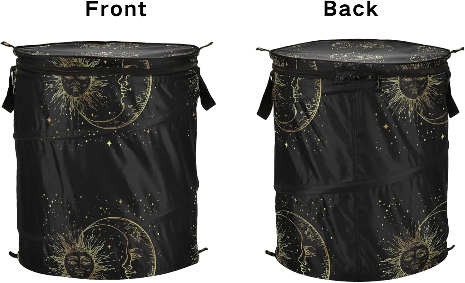 Poeticcity Golden Sun, Crescent Moon and Gold Stars Over Black Galaxy Sky Pop Up Laundry Hamper, Collapsible Dirty Clothes Basket with Zipper Lid, Storage Bag Washing Bin for Room College Dorm Travel