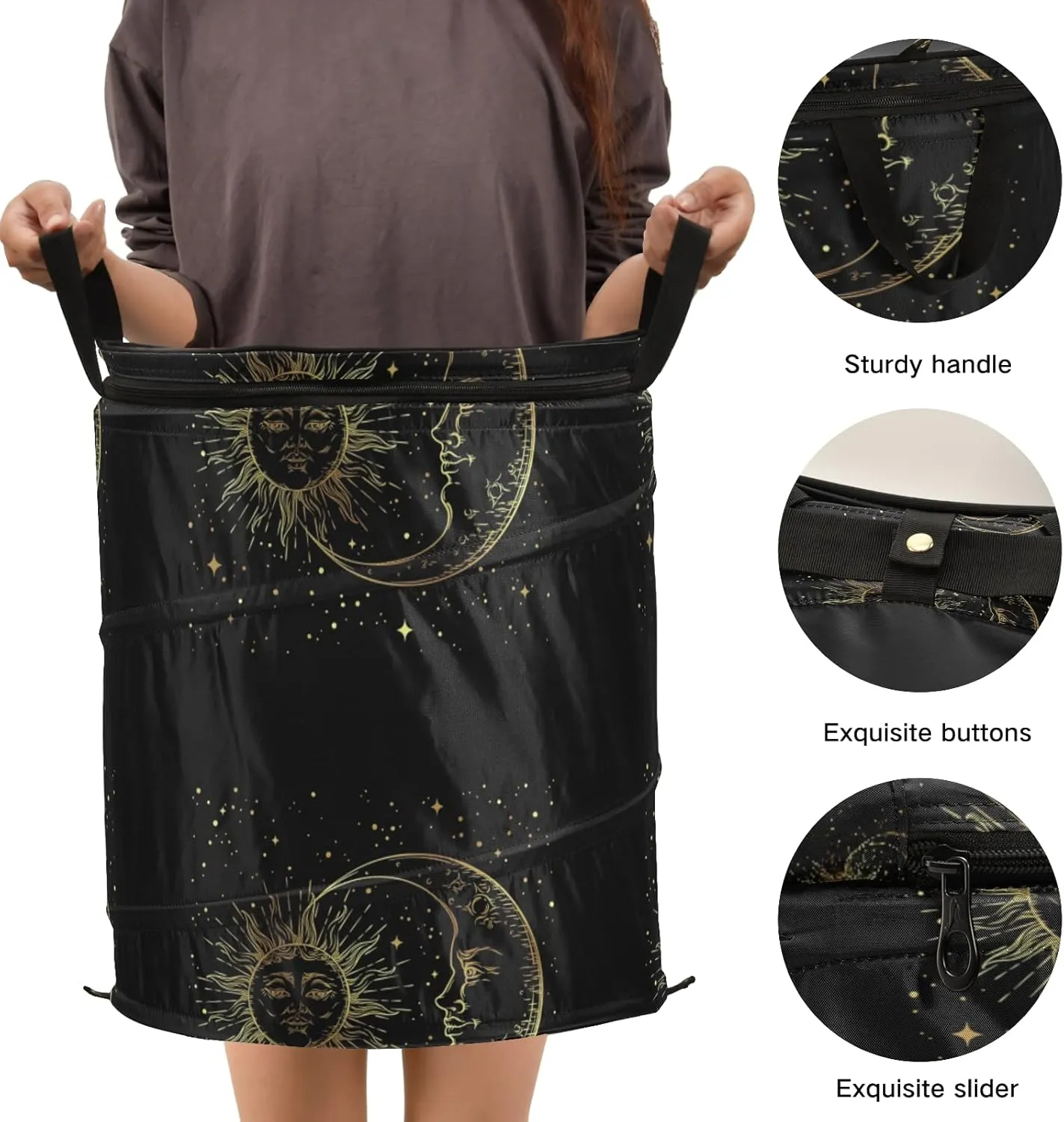Poeticcity Golden Sun, Crescent Moon and Gold Stars Over Black Galaxy Sky Pop Up Laundry Hamper, Collapsible Dirty Clothes Basket with Zipper Lid, Storage Bag Washing Bin for Room College Dorm Travel