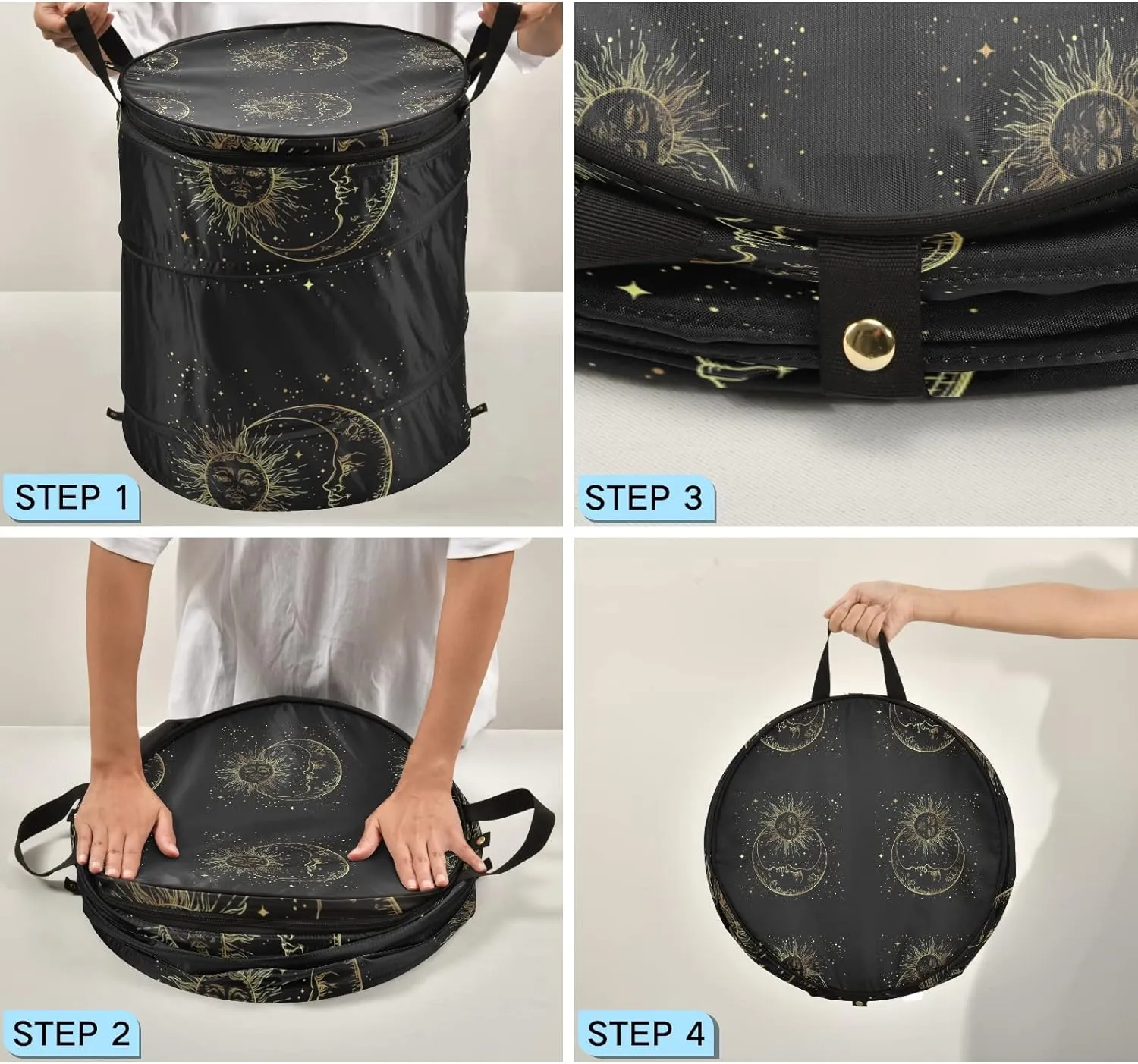 Poeticcity Golden Sun, Crescent Moon and Gold Stars Over Black Galaxy Sky Pop Up Laundry Hamper, Collapsible Dirty Clothes Basket with Zipper Lid, Storage Bag Washing Bin for Room College Dorm Travel