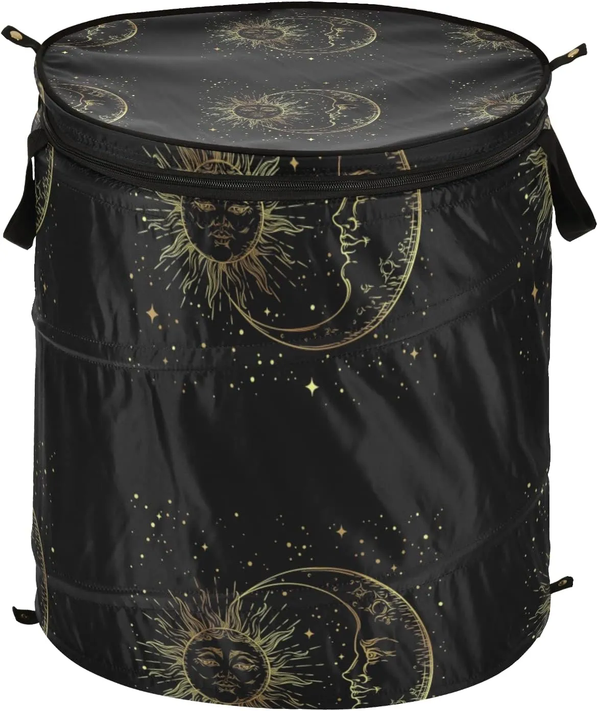 Poeticcity Golden Sun, Crescent Moon and Gold Stars Over Black Galaxy Sky Pop Up Laundry Hamper, Collapsible Dirty Clothes Basket with Zipper Lid, Storage Bag Washing Bin for Room College Dorm Travel