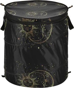 Poeticcity Golden Sun, Crescent Moon and Gold Stars Over Black Galaxy Sky Pop Up Laundry Hamper, Collapsible Dirty Clothes Basket with Zipper Lid, Storage Bag Washing Bin for Room College Dorm Travel