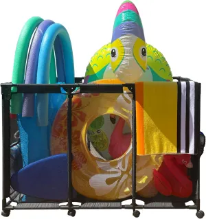 Pool Float Storage Organizer for Pool Noodles Floats Inflatables Towels - Ultimate Outdoor Pool Toy Storage Bin - XXL Black HDuty Metal - Pool Float Holder - Pool Storage Bin For Easy Poolside Cleanup