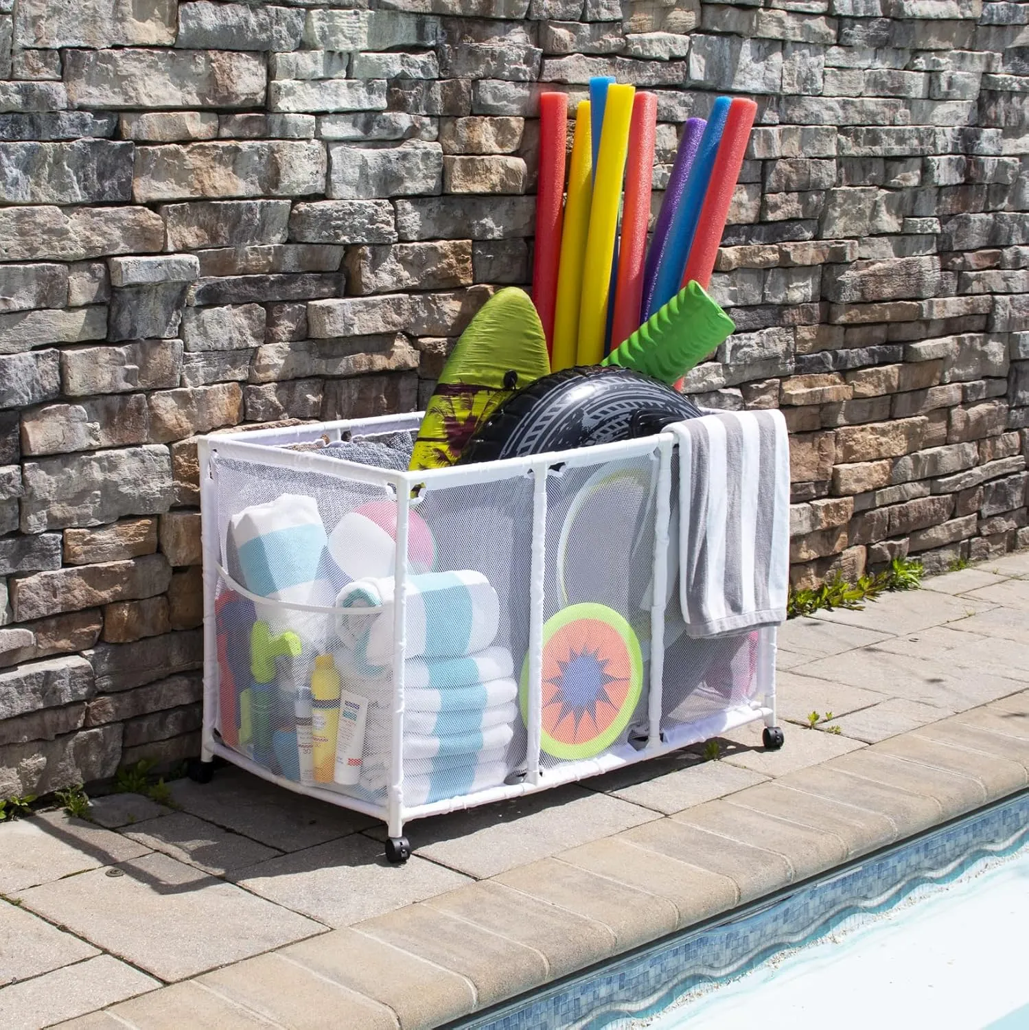 Pool Noodles Holder, Toys, Balls and Floats Equipment Mesh Rolling Storage Organizer Bin, Kids Height, Large, (25" L x 43" W x 28" H), White