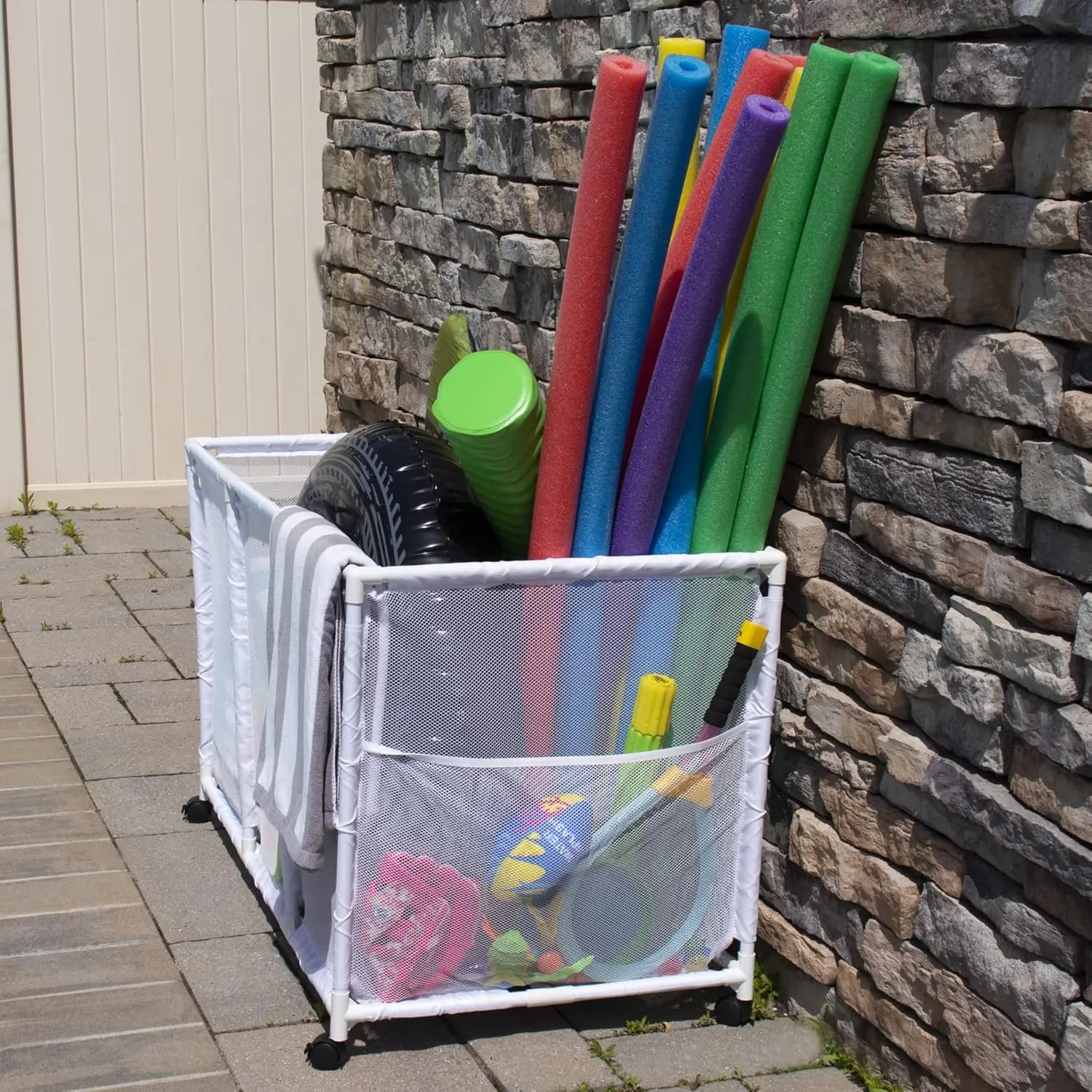 Pool Noodles Holder, Toys, Balls and Floats Equipment Mesh Rolling Storage Organizer Bin, Kids Height, Large, (25" L x 43" W x 28" H), White
