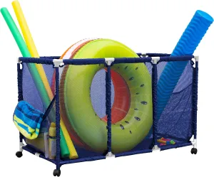 Pool Noodles Holder, Toys, Balls and Floats Equipment Mesh Rolling Storage Organizer Bin, Kids Height, Large, (43" W x 25" L x 28" H), Blue/White Style 563009