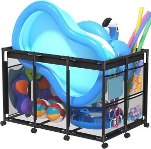 Pool Storage Bin XX-Large, Nylon Mesh Pool Float Storage Organizer for Noodles, Goggles, Floats & Balls, Outdoor Pool Toy Storage with Rolling Cart for Swimming Equipments, Black