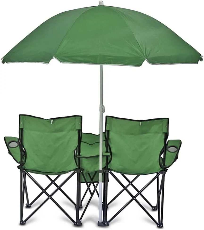 Portable 2-Seat Folding Camp Chair with Cooler, Umbrella & Cup Holders – Outdoor Picnic, Beach, or Tailgate Seating – Carry Case Included (Green)