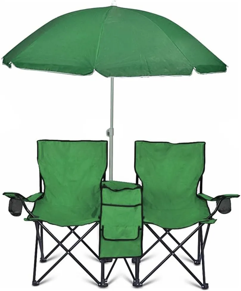Portable 2-Seat Folding Camp Chair with Cooler, Umbrella & Cup Holders – Outdoor Picnic, Beach, or Tailgate Seating – Carry Case Included (Green)