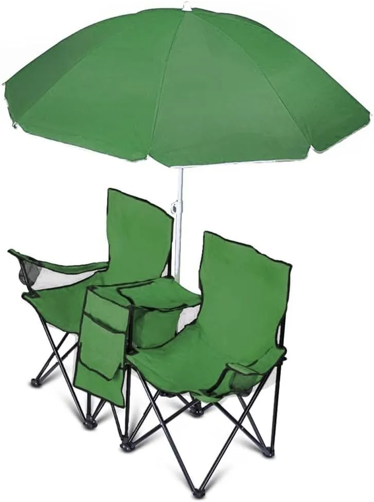 Portable 2-Seat Folding Camp Chair with Cooler, Umbrella & Cup Holders – Outdoor Picnic, Beach, or Tailgate Seating – Carry Case Included (Green)